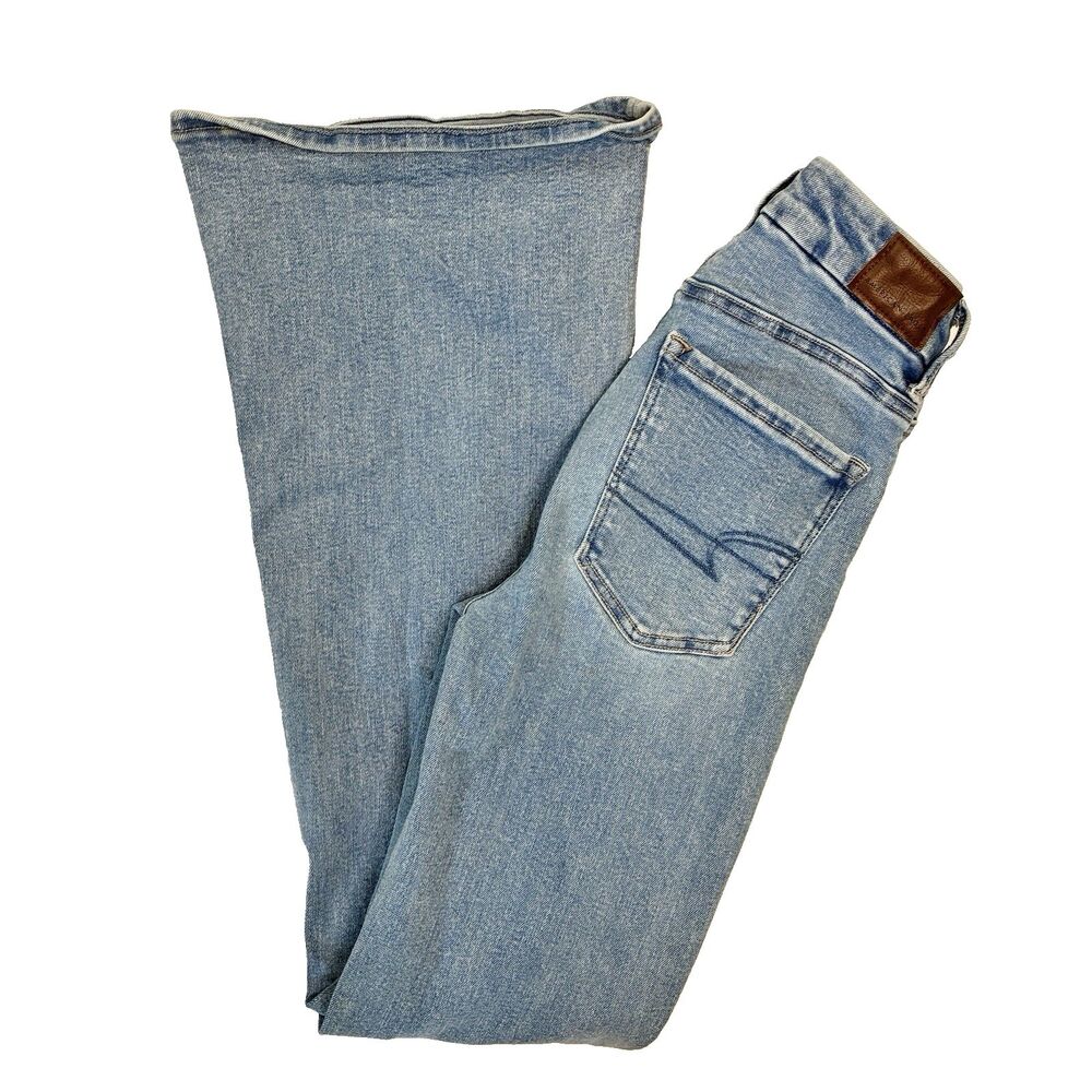 American Eagle Blue Jeans Super High Rise Flare Stretch Sz 00 29.5"L Hippie Boho